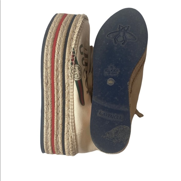 Gucci Cream Logo Print Platform Espadrilles Flats - Picture 6 of 7